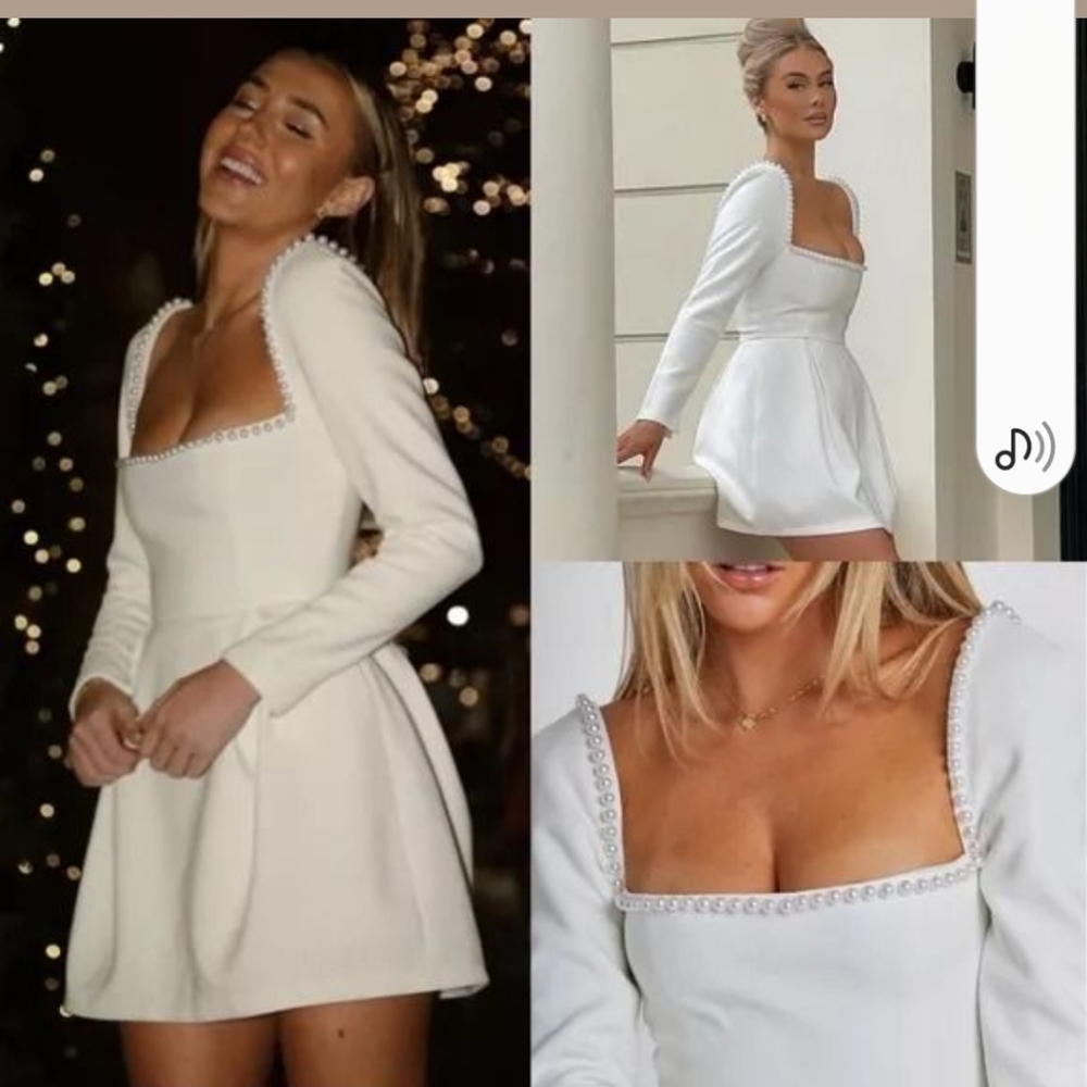 $485 Oddmuse London Elegant White Dress with Pearls, - Picture 2 of 9
